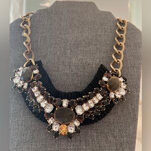 Vintage Bronce Tone Metal Statement Bib Necklace with Stones